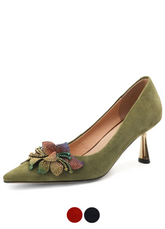 Celia Women's Pointed Toe Flower Leather Pumps